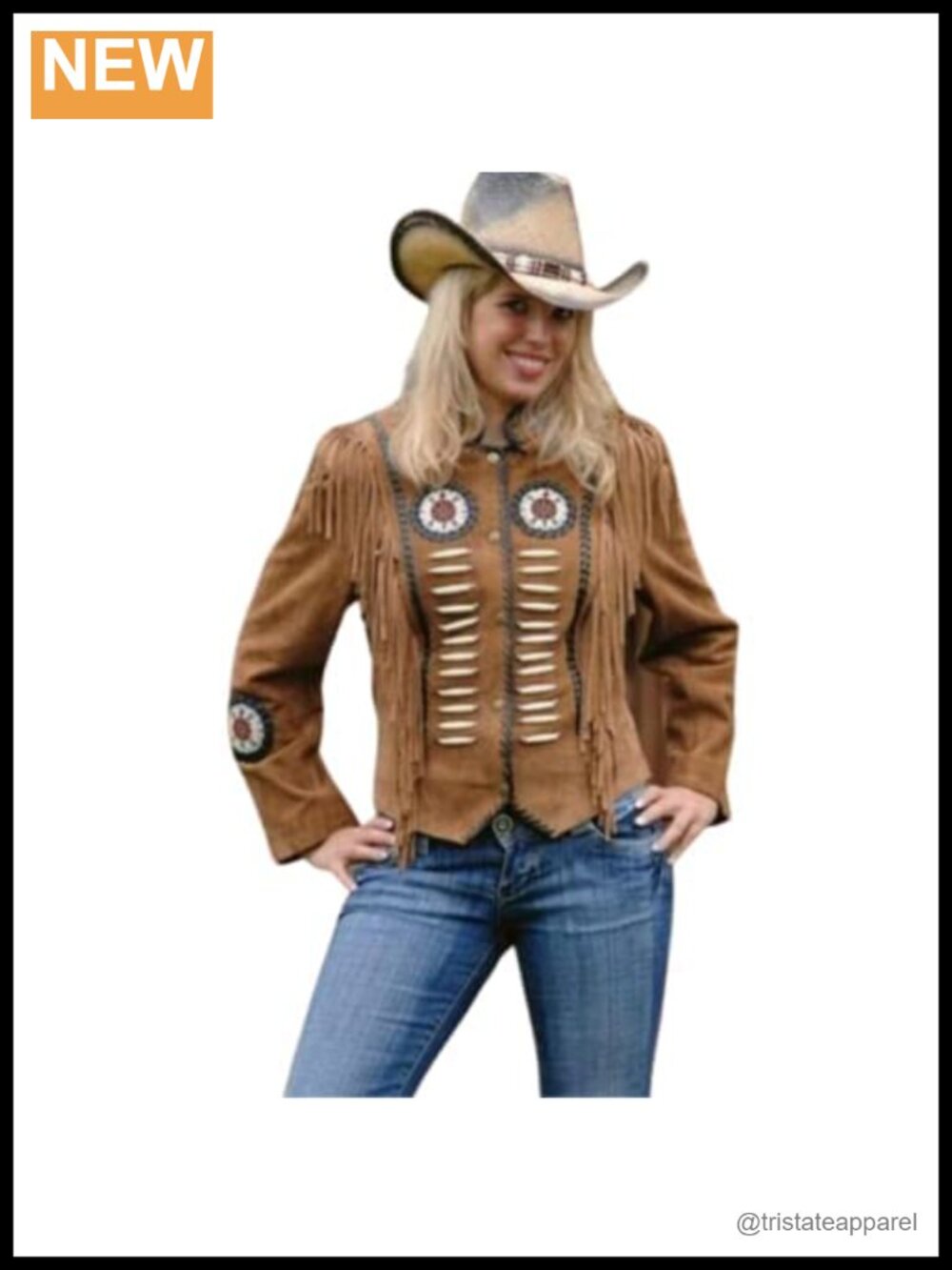 Women's Suede Leather Cowgirl Jacket with Beaded Fringed Native American Style
